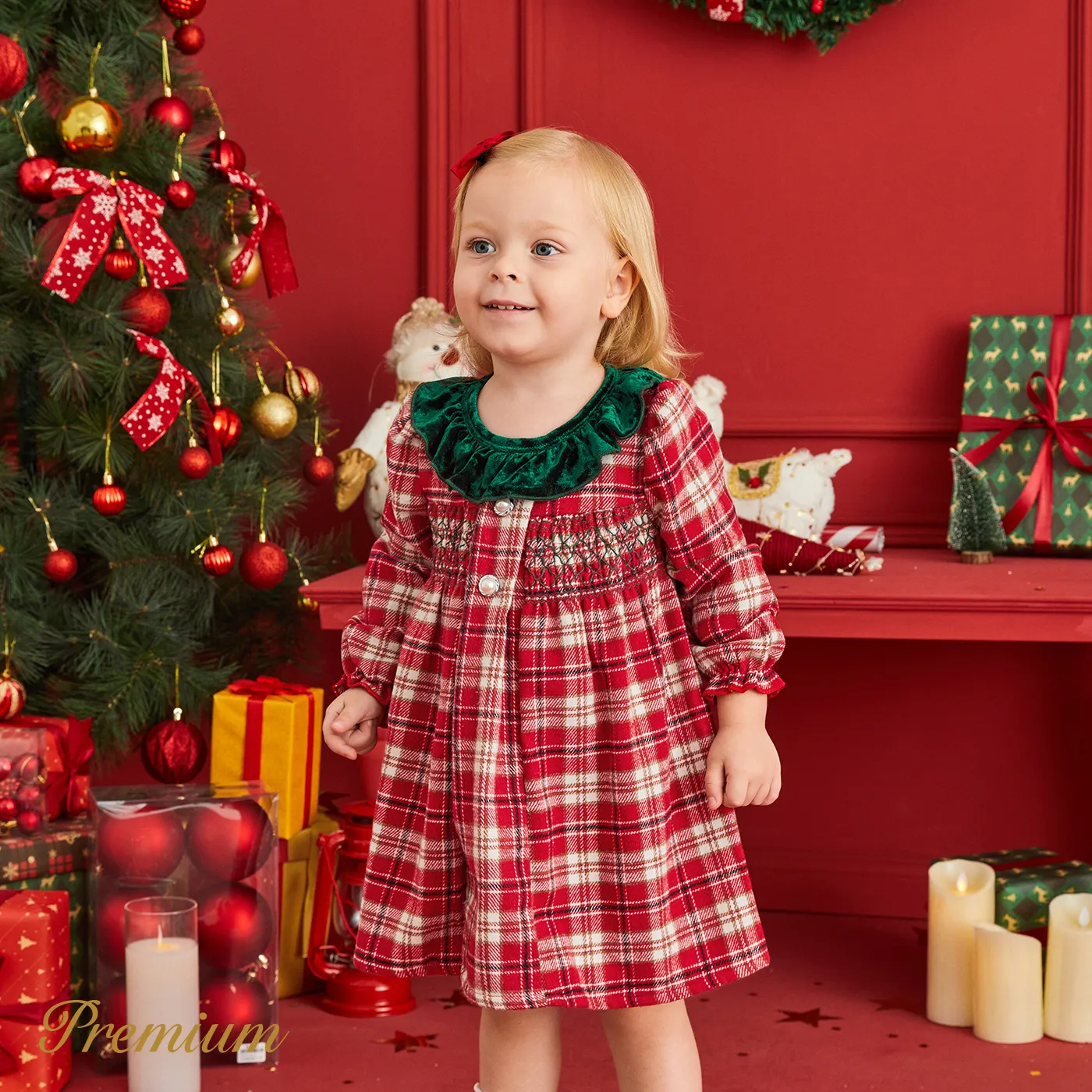 Natal Bebé Extremidades franzidas Elegante Manga comprida Vestidos Vermelho image 2