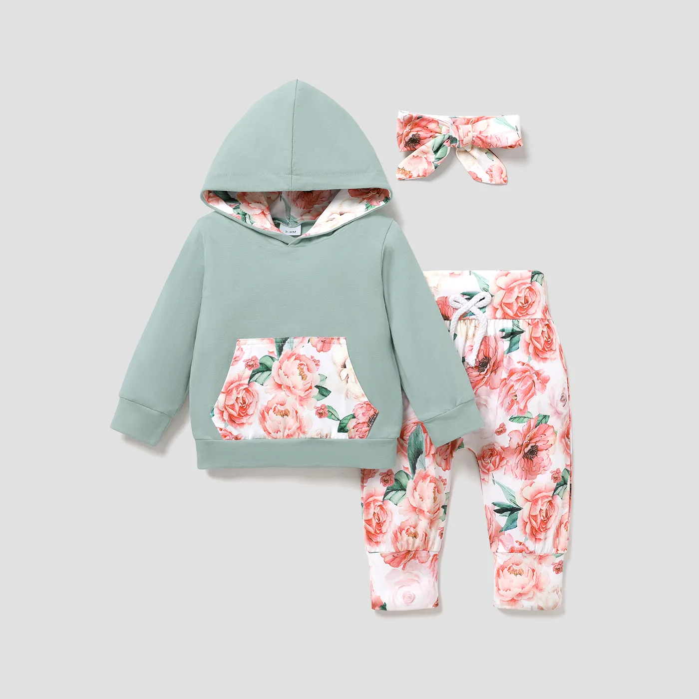 3pcs Baby Girl 95% Cotton Long-sleeve Hoodie And Floral Print Pants With Headband Set