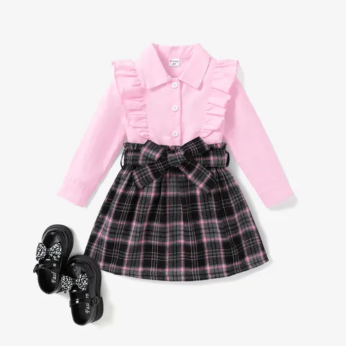 2PCS Toddler Girl Sweet Ruffle Edge  Top/ Grid  Skirt