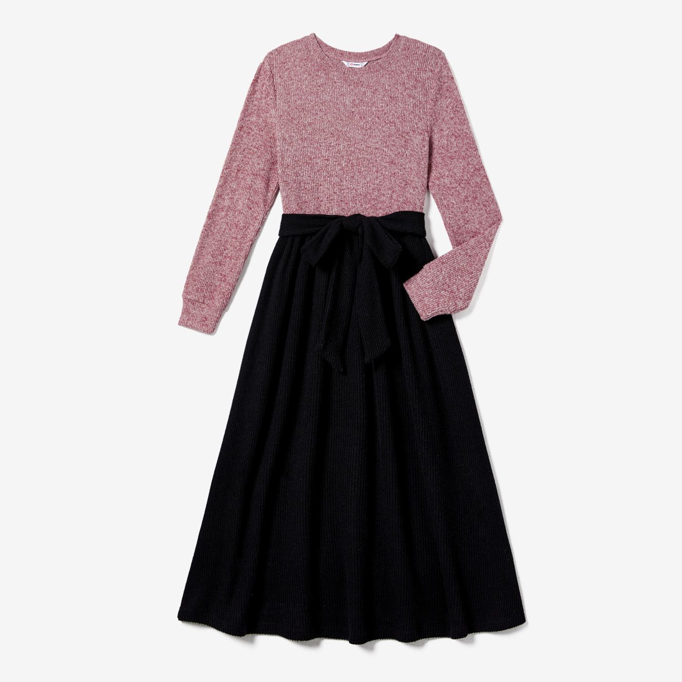 Family Matching  Color-block Long Sleeve Knit Tops And Belted Dresses Sets