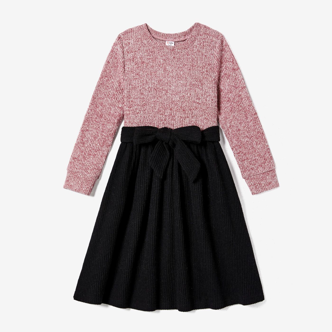 Family Matching  Color-block Long Sleeve Knit Tops And Belted Dresses Sets