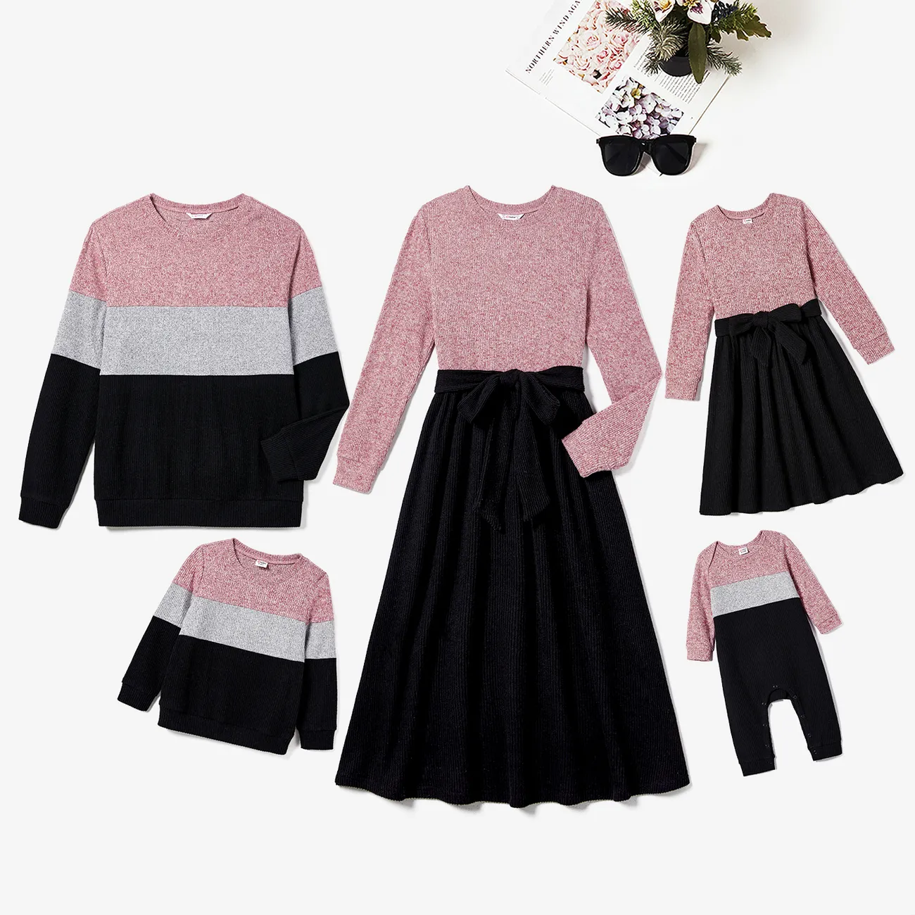 Family Matching  Color-block Long Sleeve Knit Tops and Belted Dresses Sets Mauve Pink big image 1