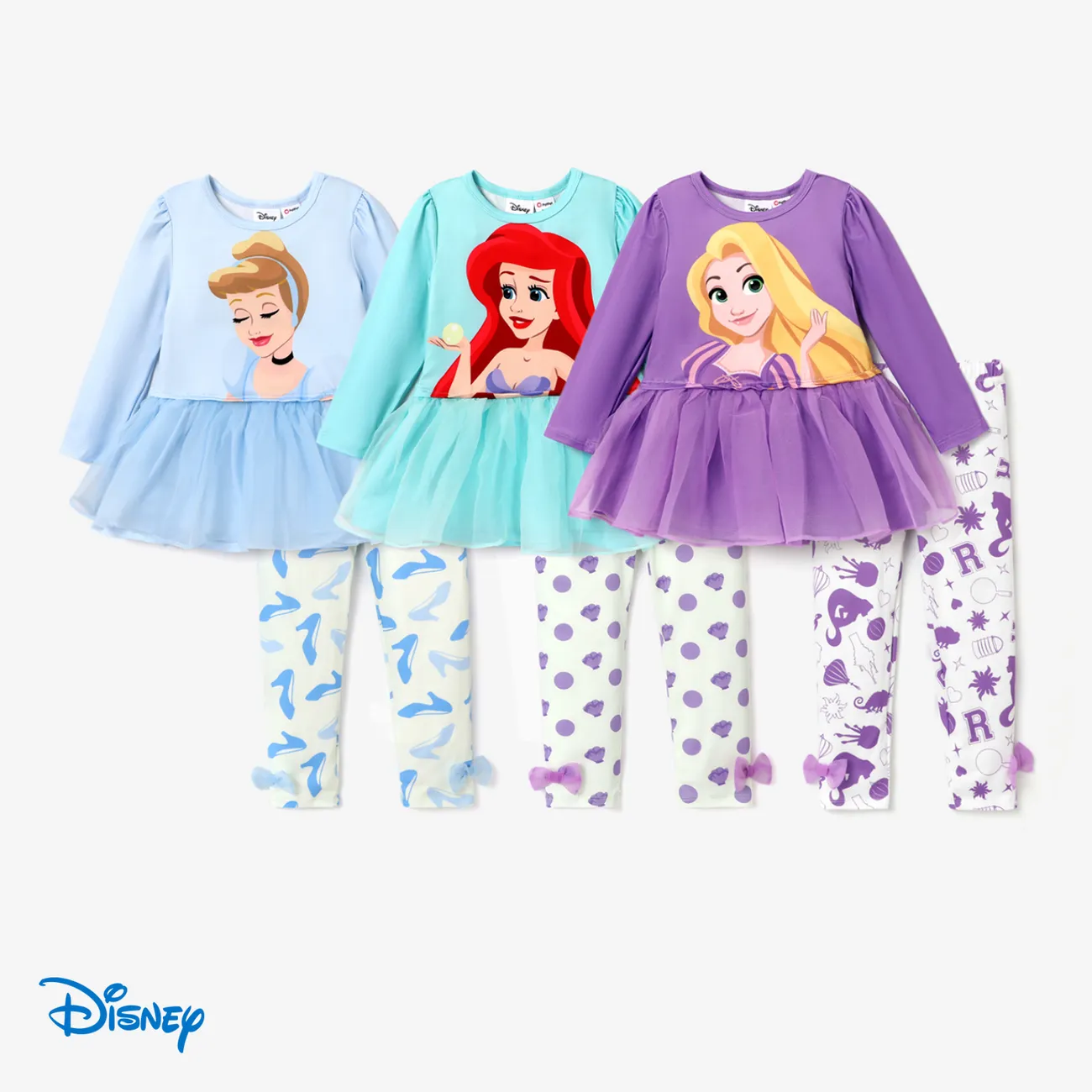 Disney Princess Toddler Girl 2pcs Character Print Peplum Tee and Mesh Bowknot Allover Print Pants Set Blue big image 1