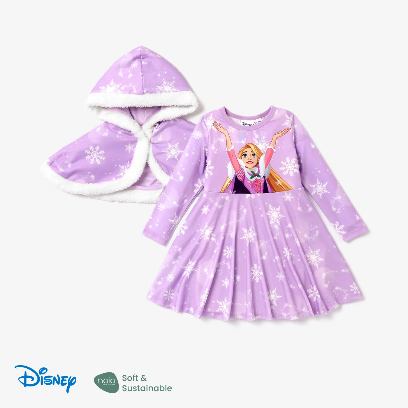 Disney Princess Toddler Girl Naia™ Character Print Long-sleeve Dress and Hooded Allover Snowflake Print Cloak Set Purple