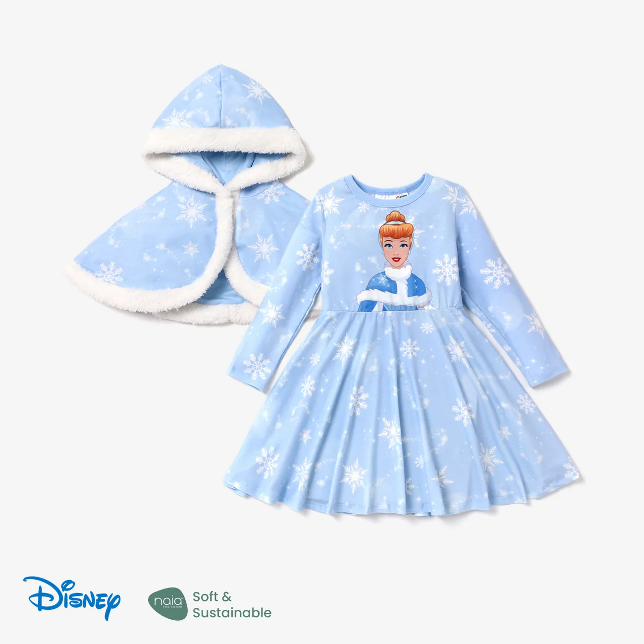 Disney Princess Toddler Girl Naia™ Character Print Long-sleeve Dress and Hooded Allover Snowflake Print Cloak Set  big image 1