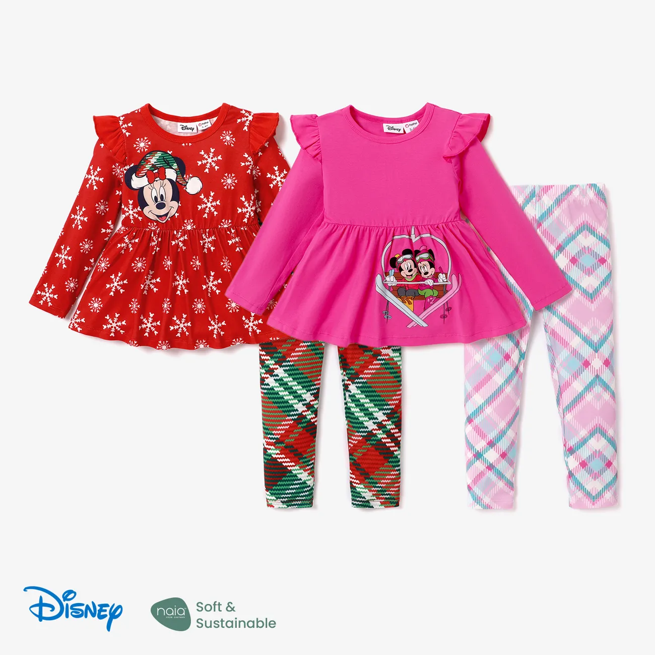 Disney Mickey and Friends Christmas Toddler Girl 2pcs Naia™ Character Print Peplum Long-sleeve Tee and Plaid Pants Set Hot Pink big image 1