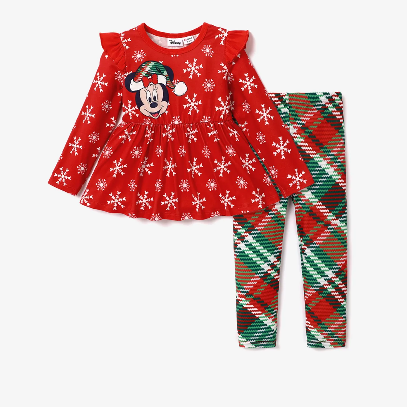 Disney Mickey and Friends Christmas Toddler Girl 2pcs Naia™ Character Print Peplum Long-sleeve Tee and Plaid Pants Set Red big image 1