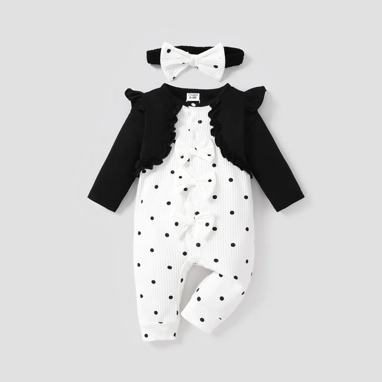 2pcs Baby Girl Fashionable Sweet Polka Dot Jumpsuit with Headband Black big image 1