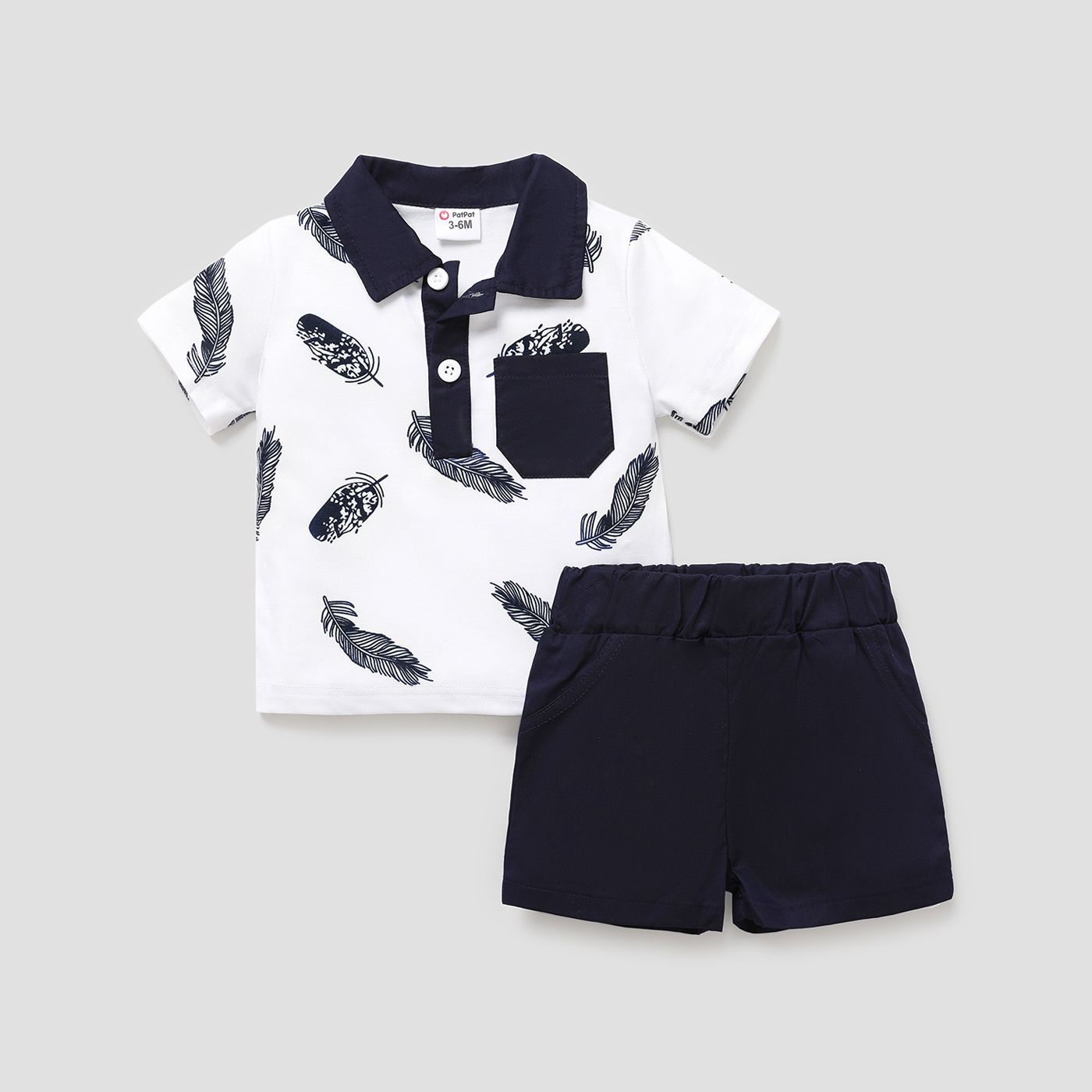 2pcs Baby Boy 100% Cotton Solid Shorts and Allover Feather Print Contrast Collar Short-sleeve Polo S