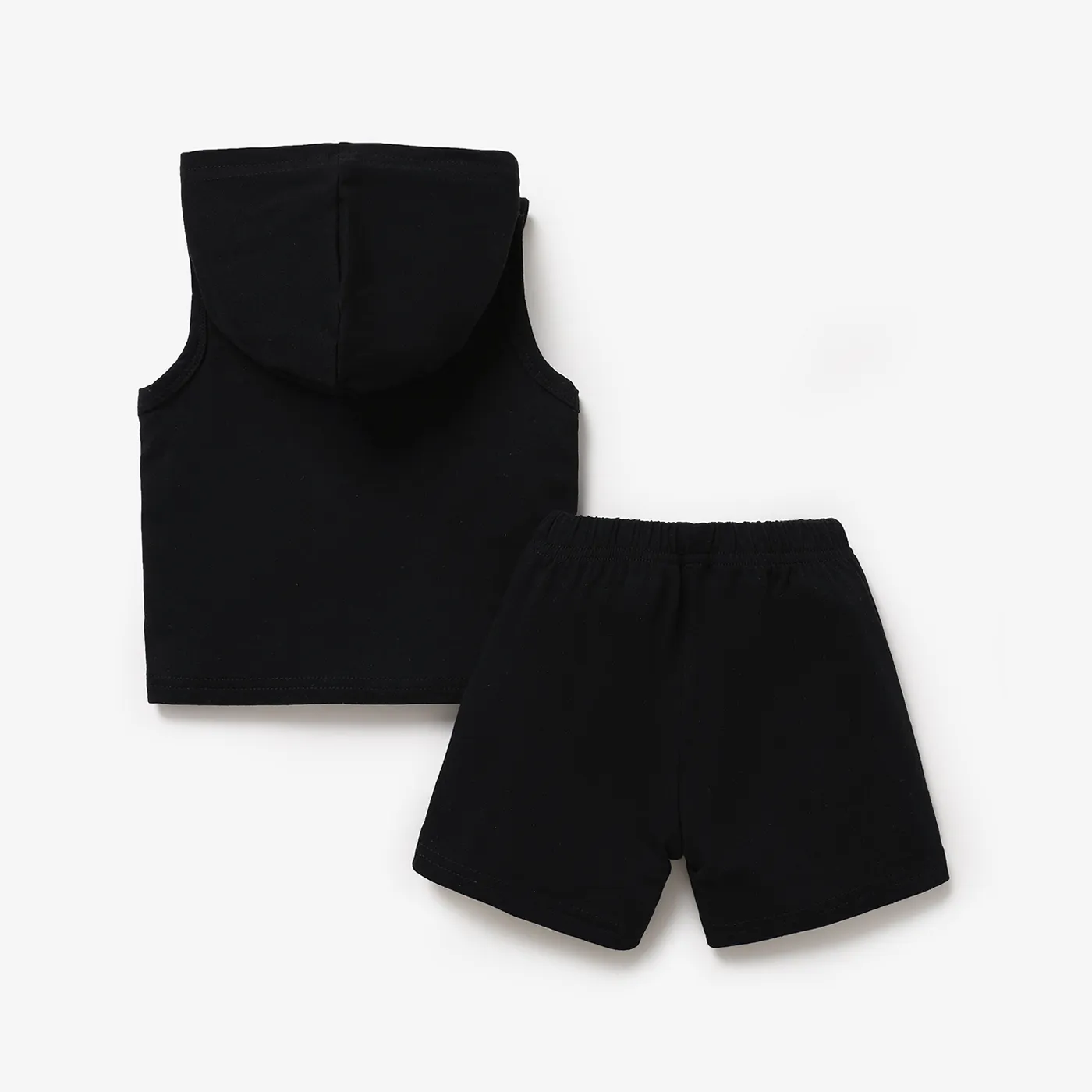 2pcs Baby Boy Letter Print Hooded Tank Top & Ripped Shorts Set Black image 2