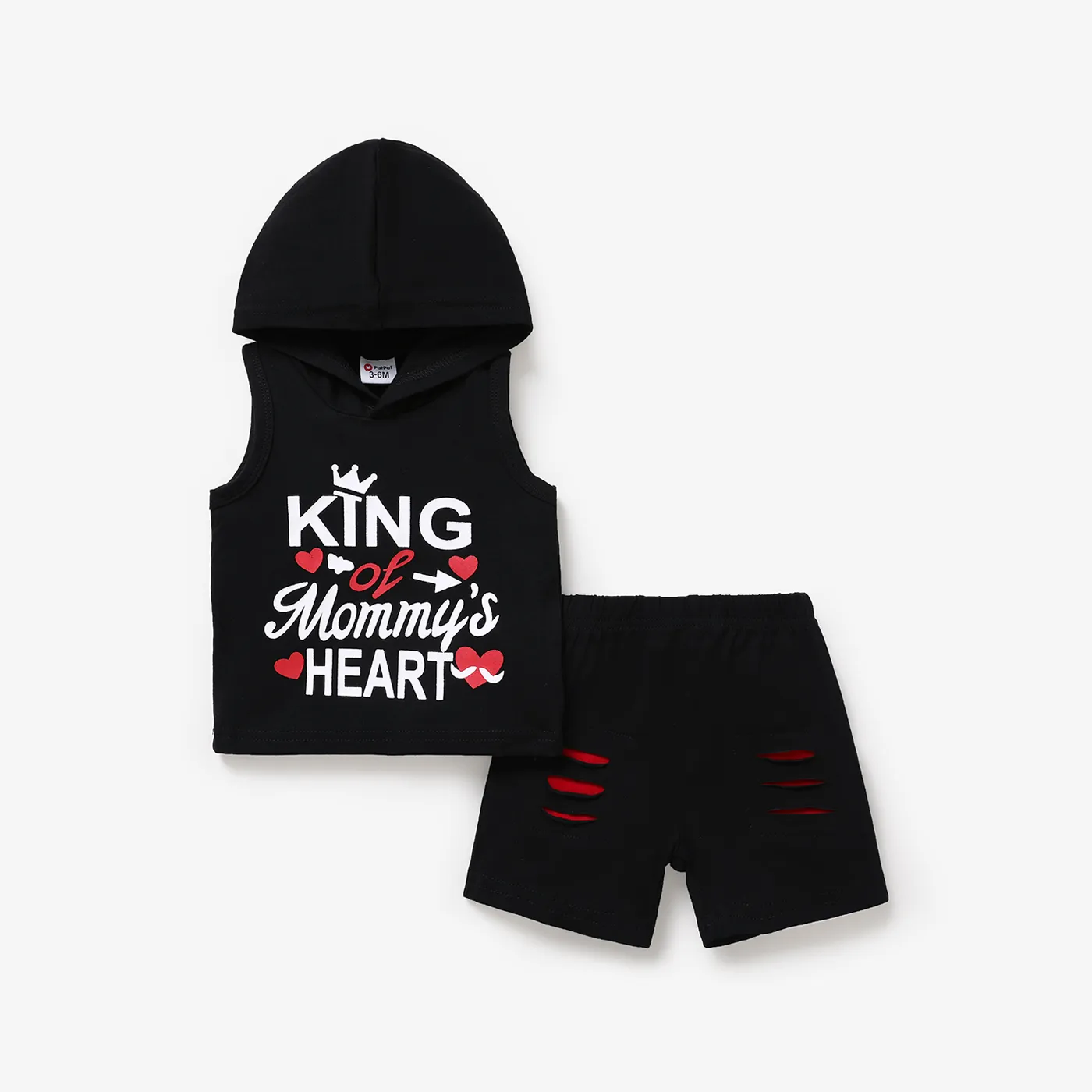 2pcs Baby Boy Letter Print Hooded Tank Top & Ripped Shorts Set Black big image 1
