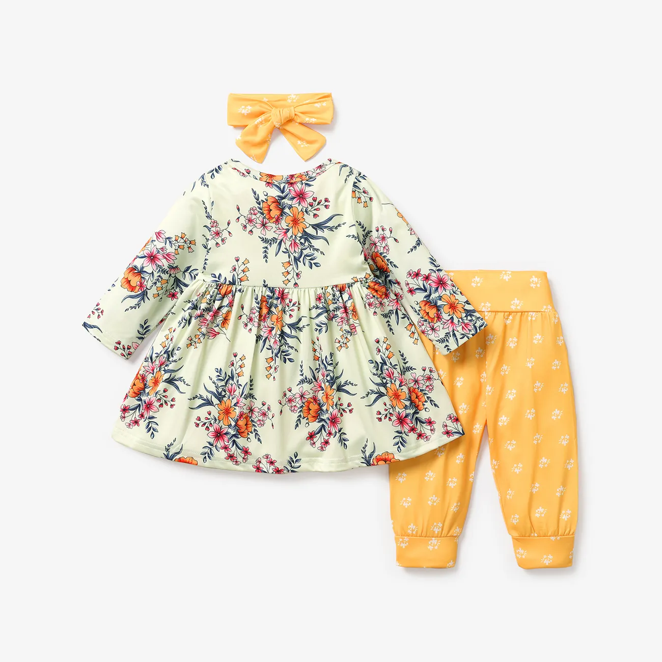 3pcs Floral Allover Long-sleeve Yellow Baby Set Yellow big image 1