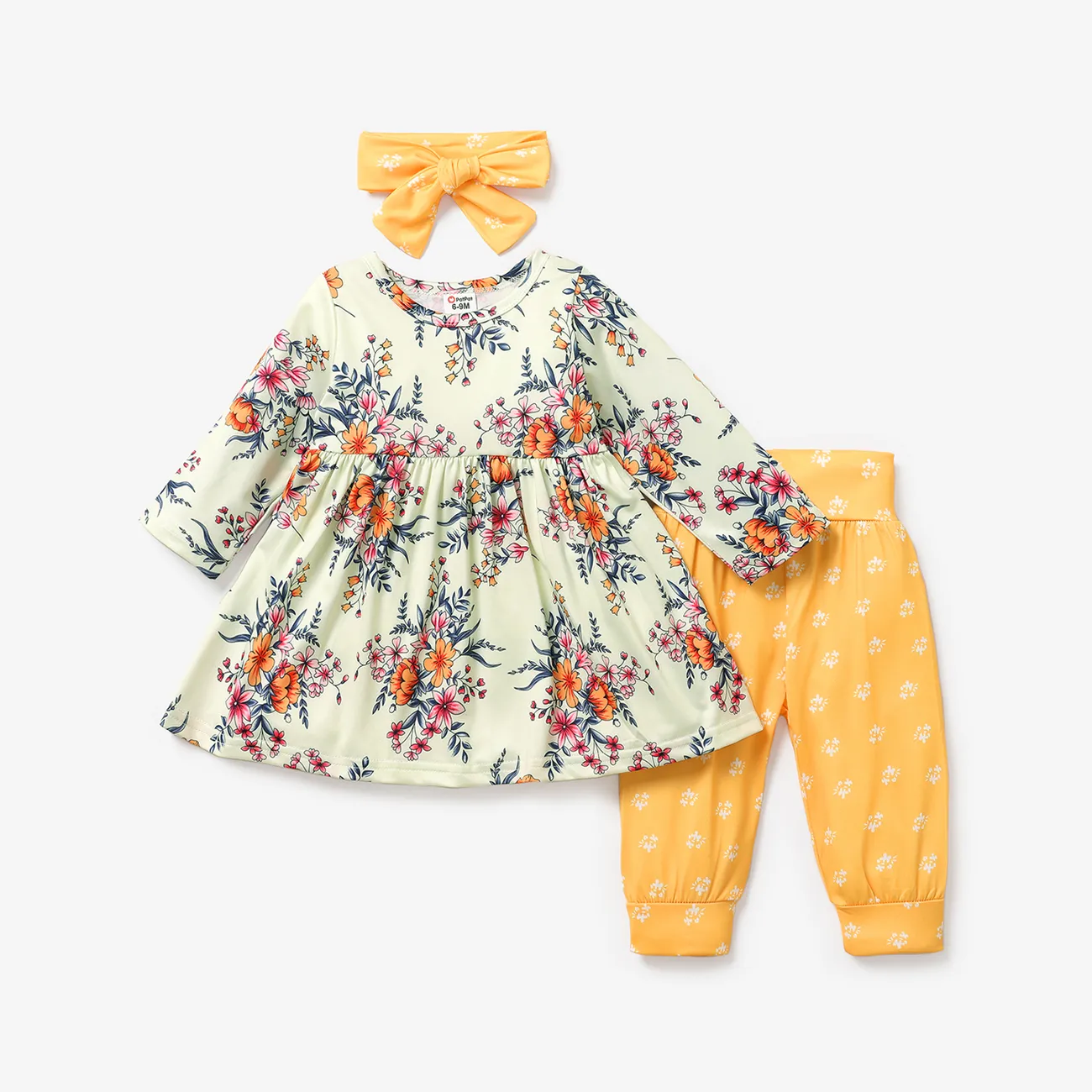 3pcs Floral Allover Long-sleeve Yellow Baby Set Yellow big image 1