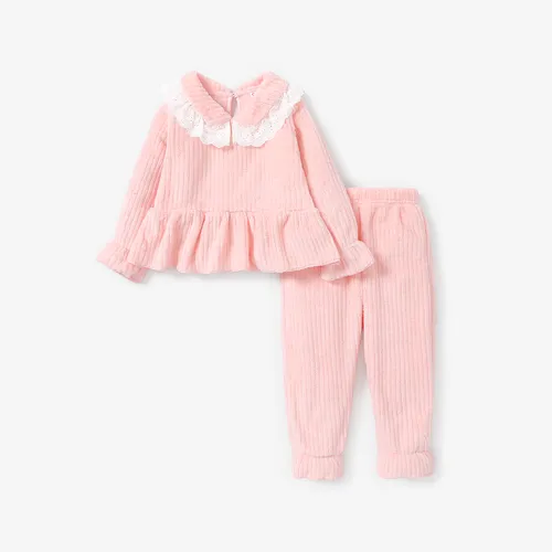 2PCS  Toddler Girl Solid Color Sweet Lapel  Top/Pant