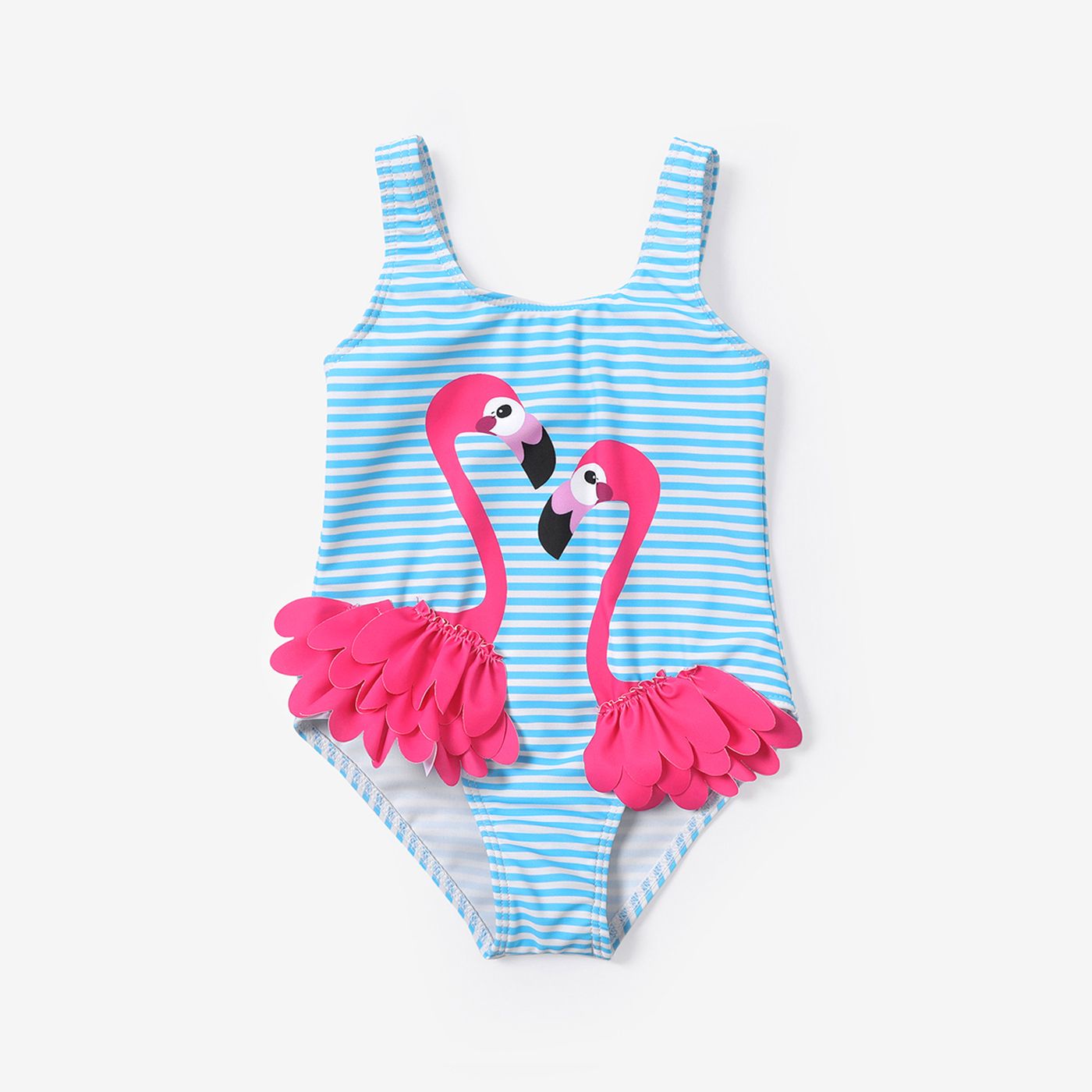

Toddler Girl Flamingo Print Ruffled Stripe Onepiece Swimsuit