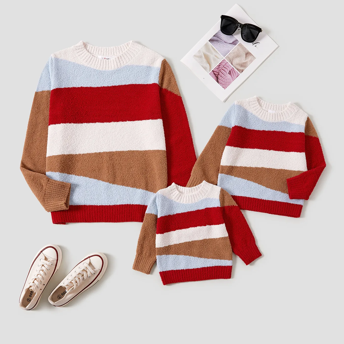 Mommy and Me Color-block Long-sleeve Toweling Knit Sweaters Tops Multi-color image 2