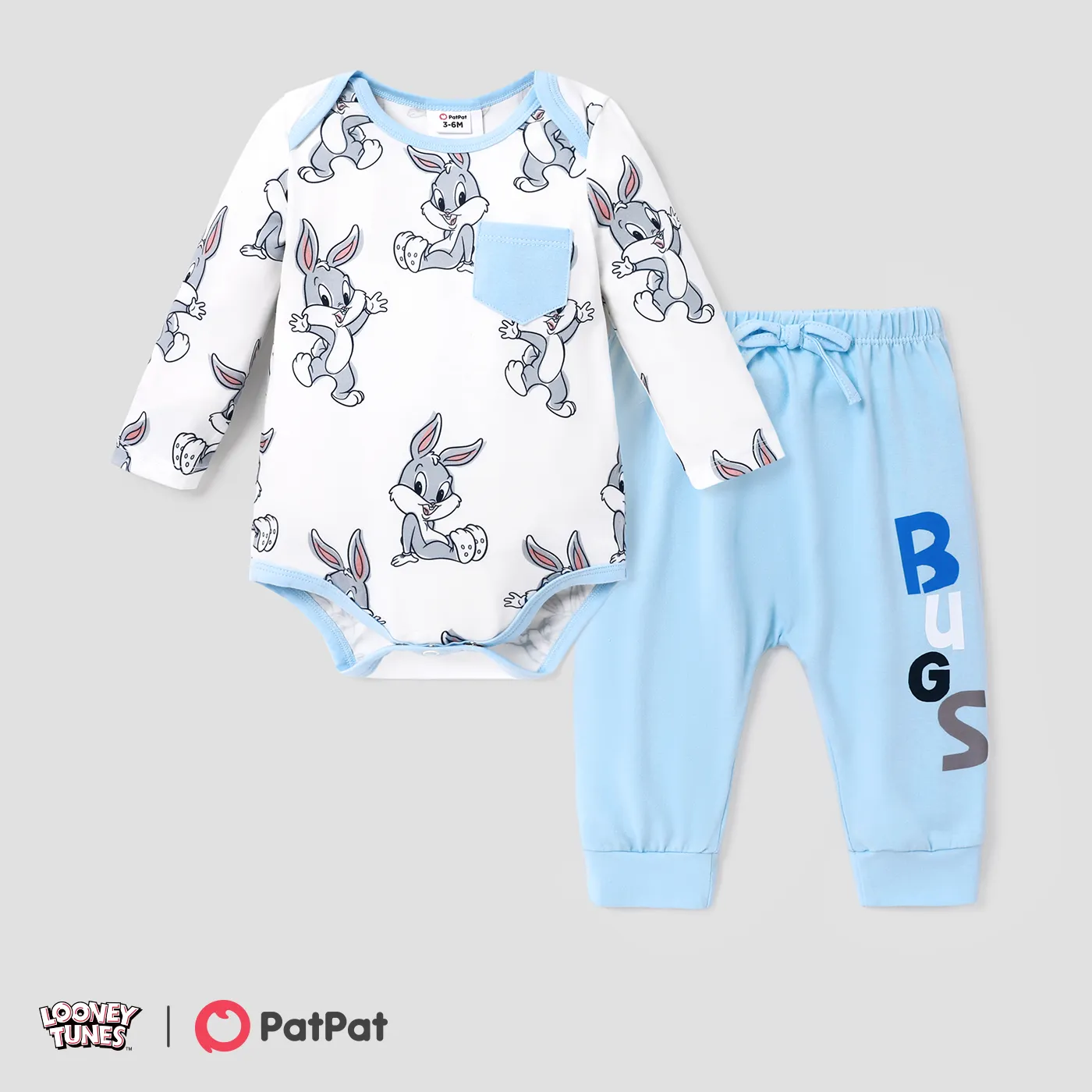 Looney Tunes Baby Boy/Girl Character Print Long-sleeve Bodysuit and Pant Sets Light Blue