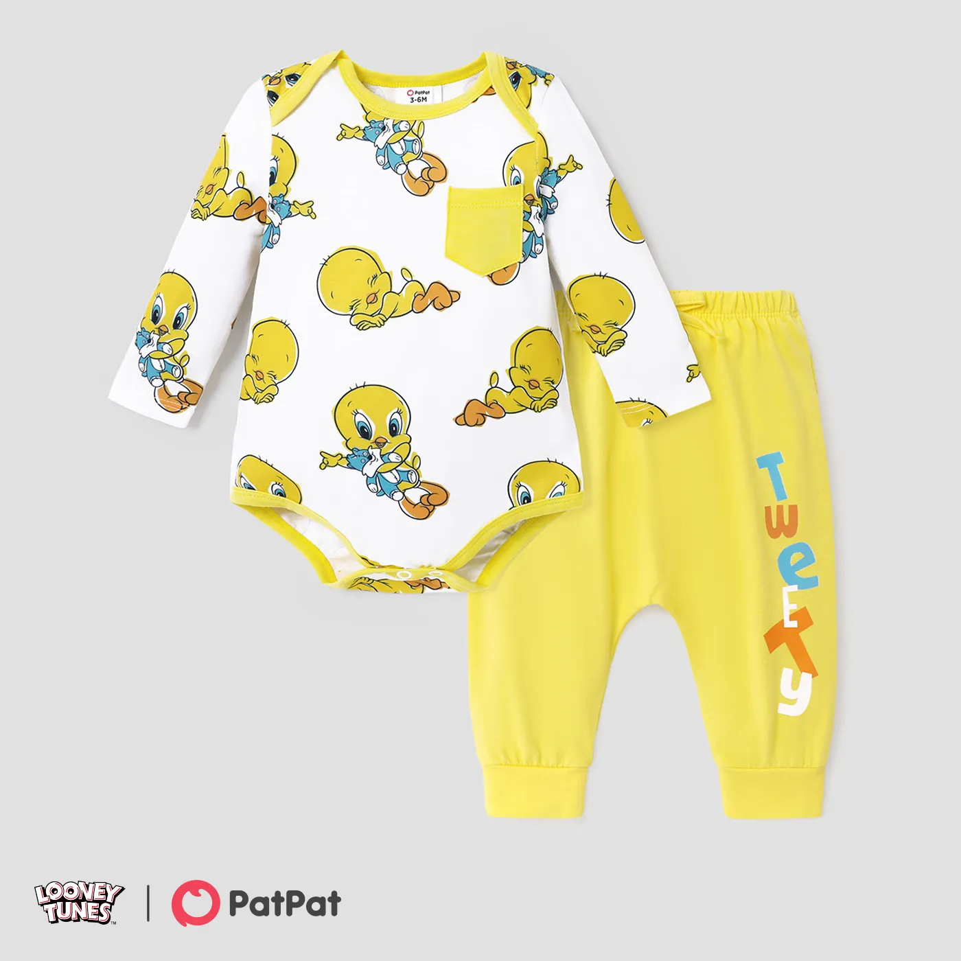 Looney Tunes Baby Boy/Girl Character Print Long-sleeve Bodysuit and Pant Sets Yellow
