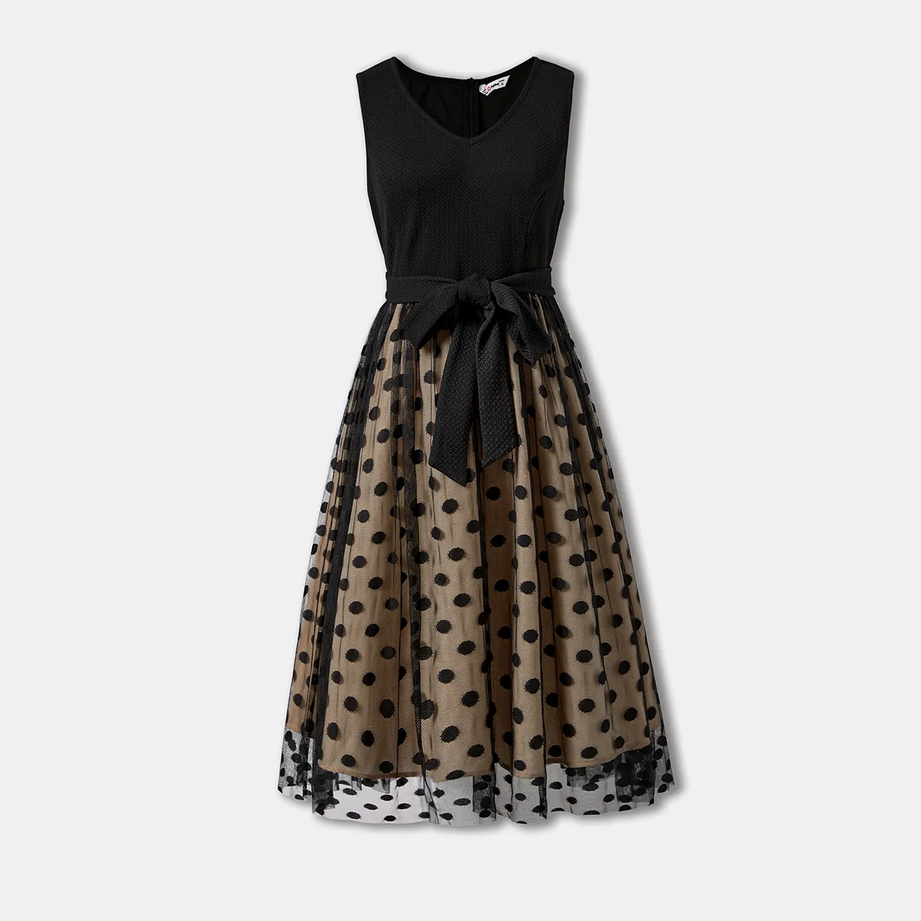 Family Matching Color-block Long-sleeve Tops and Polka dots Mesh Dresses Sets Black big image 1