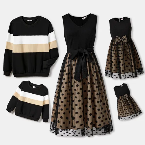 Family Matching Color-block Long-sleeve Tops and Polka dots Mesh Dresses Sets
