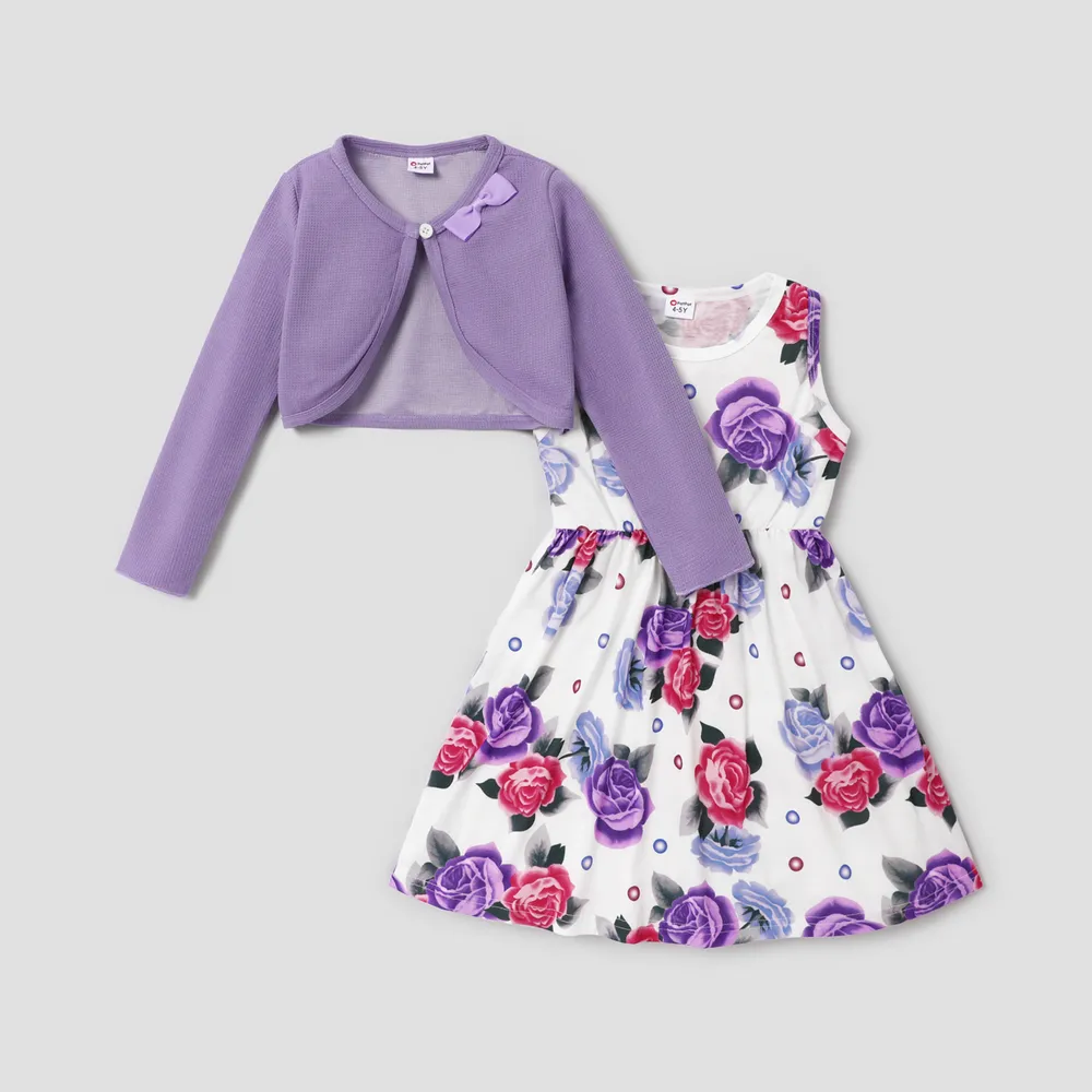 2pcs Kid Girl Floral Print Sleeveless Dress and Long-sleeve Purple Bowknot Design Cardigan Set big image 2