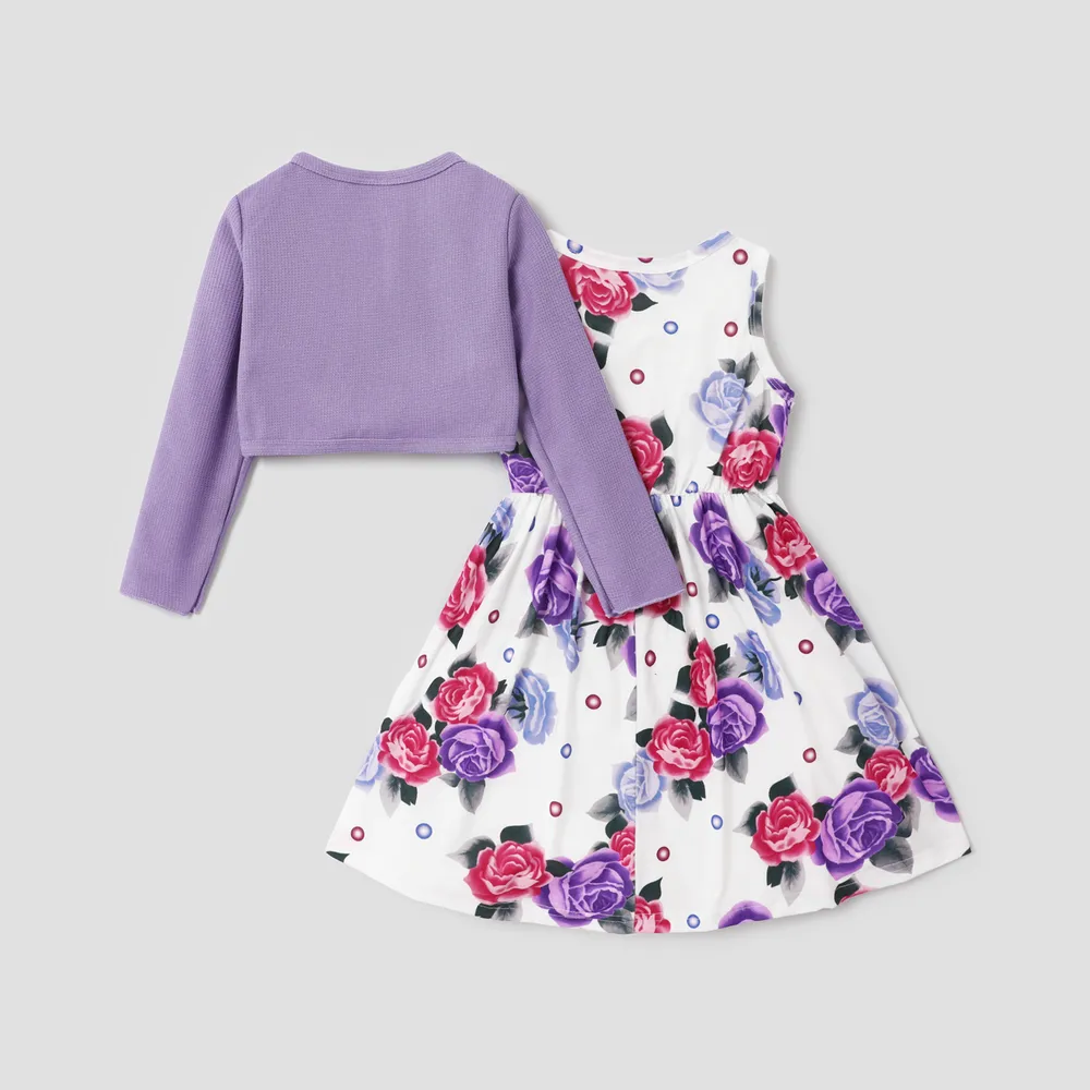 2pcs Kid Girl Floral Print Sleeveless Dress and Long-sleeve Purple Bowknot Design Cardigan Set big image 3