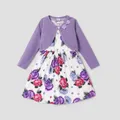 2pcs Kid Girl Floral Print Sleeveless Dress and Long-sleeve Purple Bowknot Design Cardigan Set  image 1