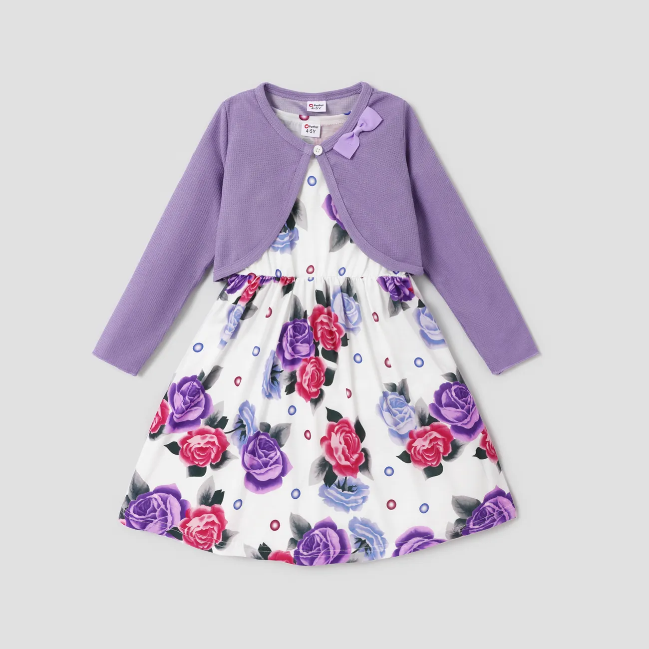 2pcs Kid Girl Floral Print Sleeveless Dress and Long-sleeve Purple Bowknot Design Cardigan Set  big image 1