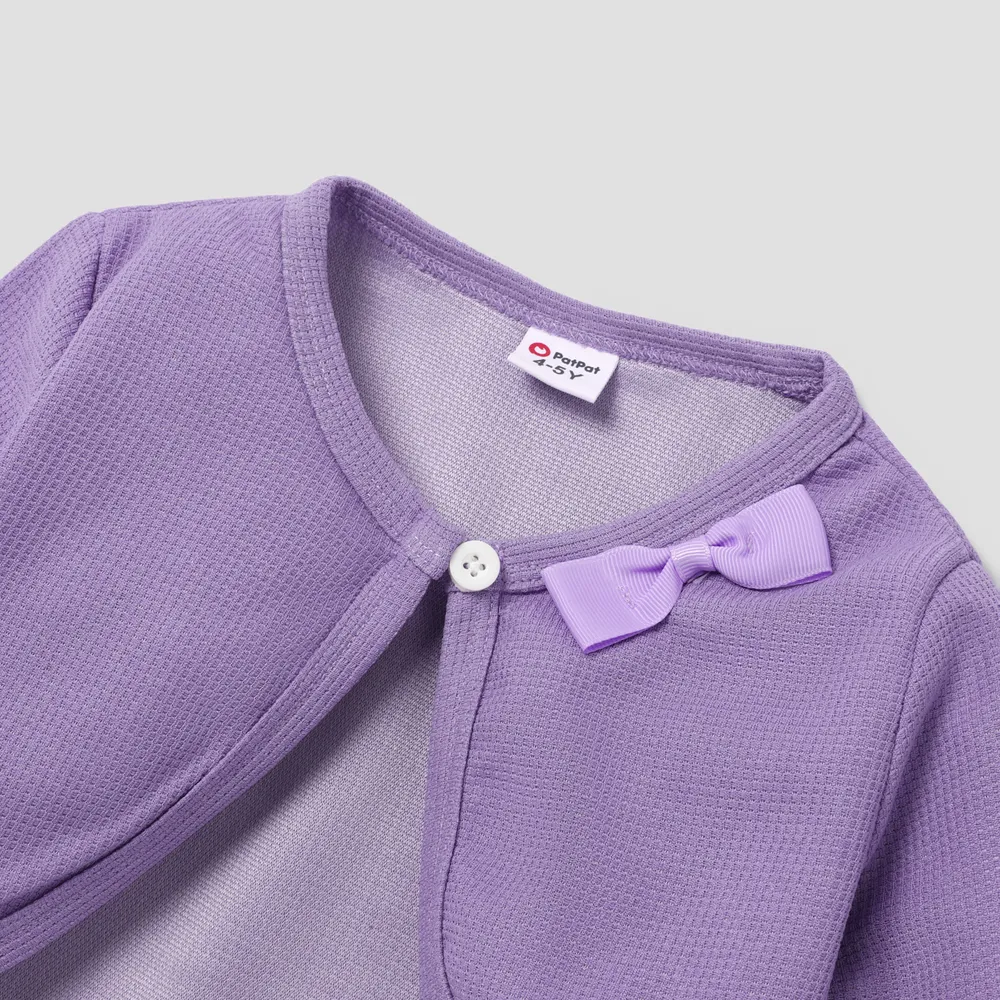 2pcs Kid Girl Floral Print Sleeveless Dress and Long-sleeve Purple Bowknot Design Cardigan Set big image 4