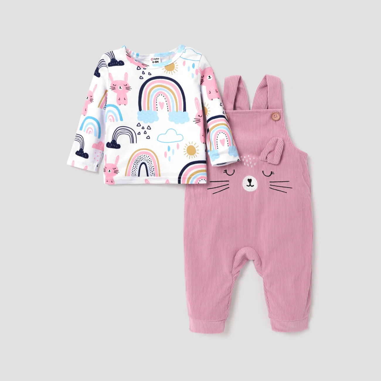 2pcs Baby Girl Allover Cat & Rainbow Print Long-sleeve Tee and Embroidered Corduroy Overalls Set Pink big image 1