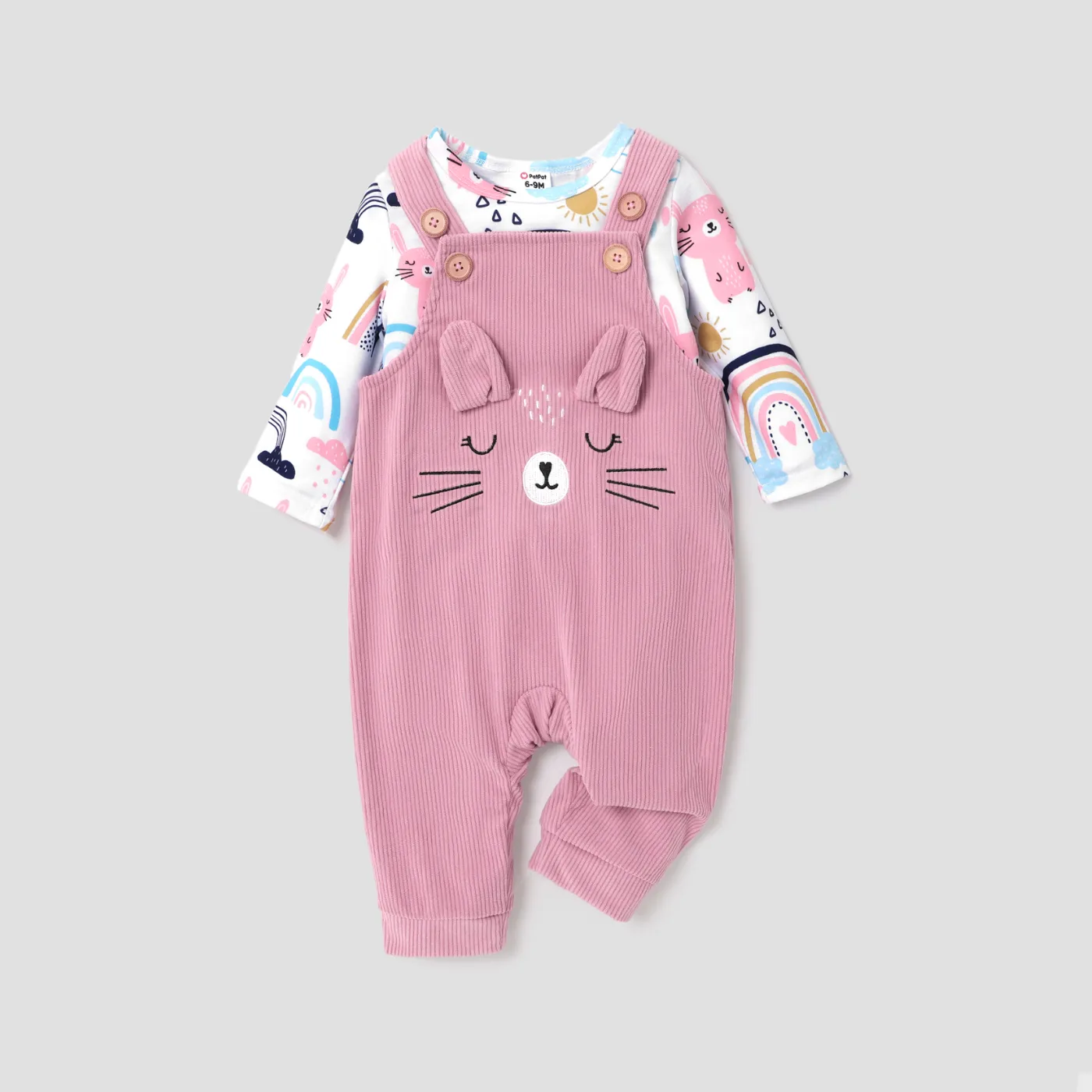 2pcs Baby Girl Allover Cat & Rainbow Print Long-sleeve Tee and Embroidered Corduroy Overalls Set
