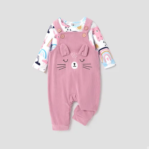 2pcs Baby Girl Allover Cat & Rainbow Print Long-sleeve Tee and Embroidered Corduroy Overalls Set