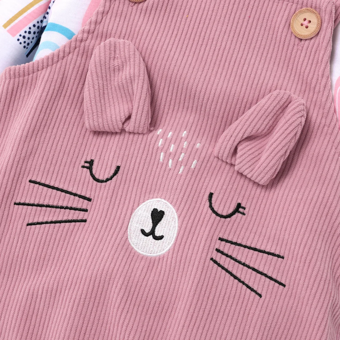 2pcs Baby Girl Allover Cat & Rainbow Print Long-sleeve Tee and Embroidered Corduroy Overalls Set Pink big image 1