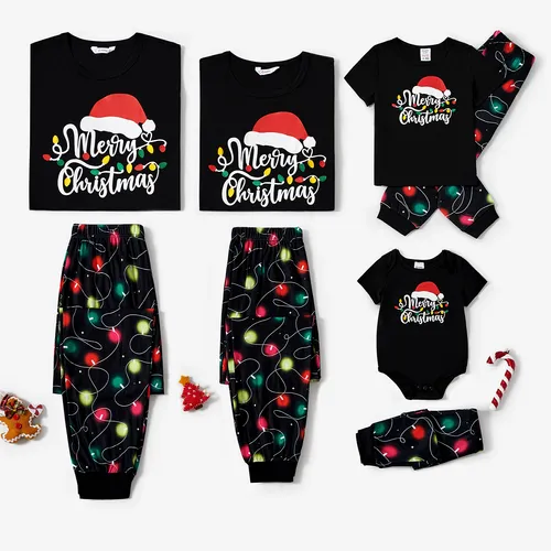 Christmas Family Matching Letter &Festive light bulb Print Short-sleeve Pajamas Sets(Flame resistant)