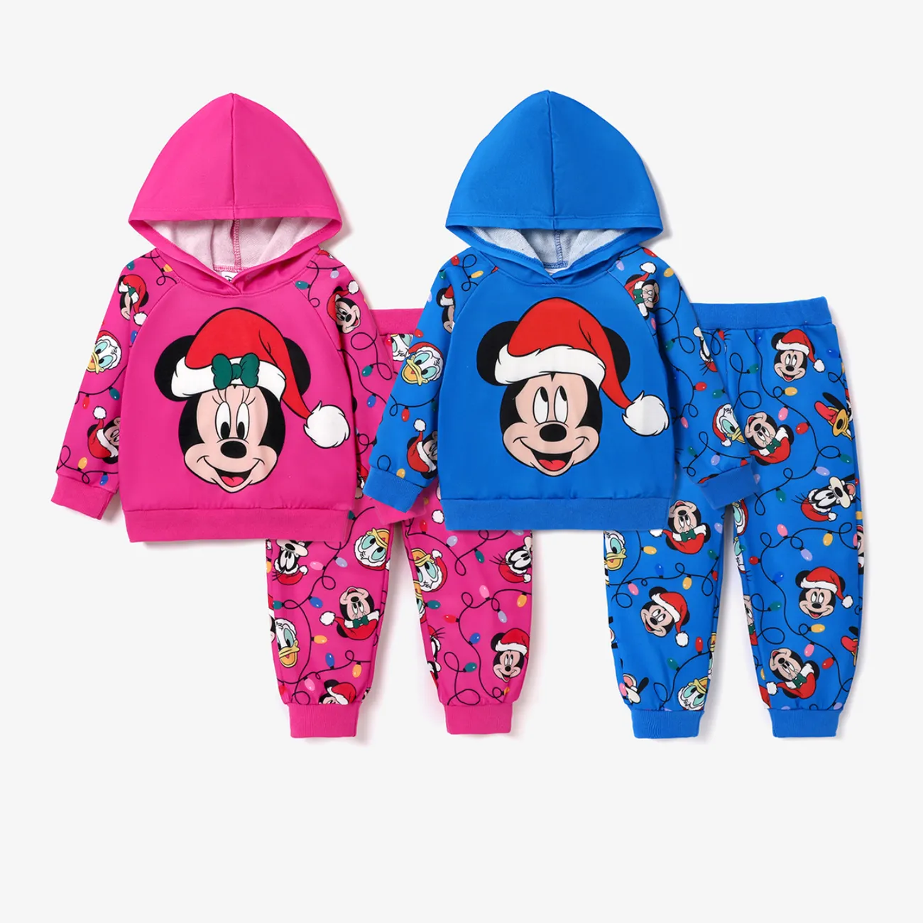 Disney Mickey and Friends Toddler Girl Christmas Character Print Hoodie and Allover Print Pants Set Hot Pink big image 1