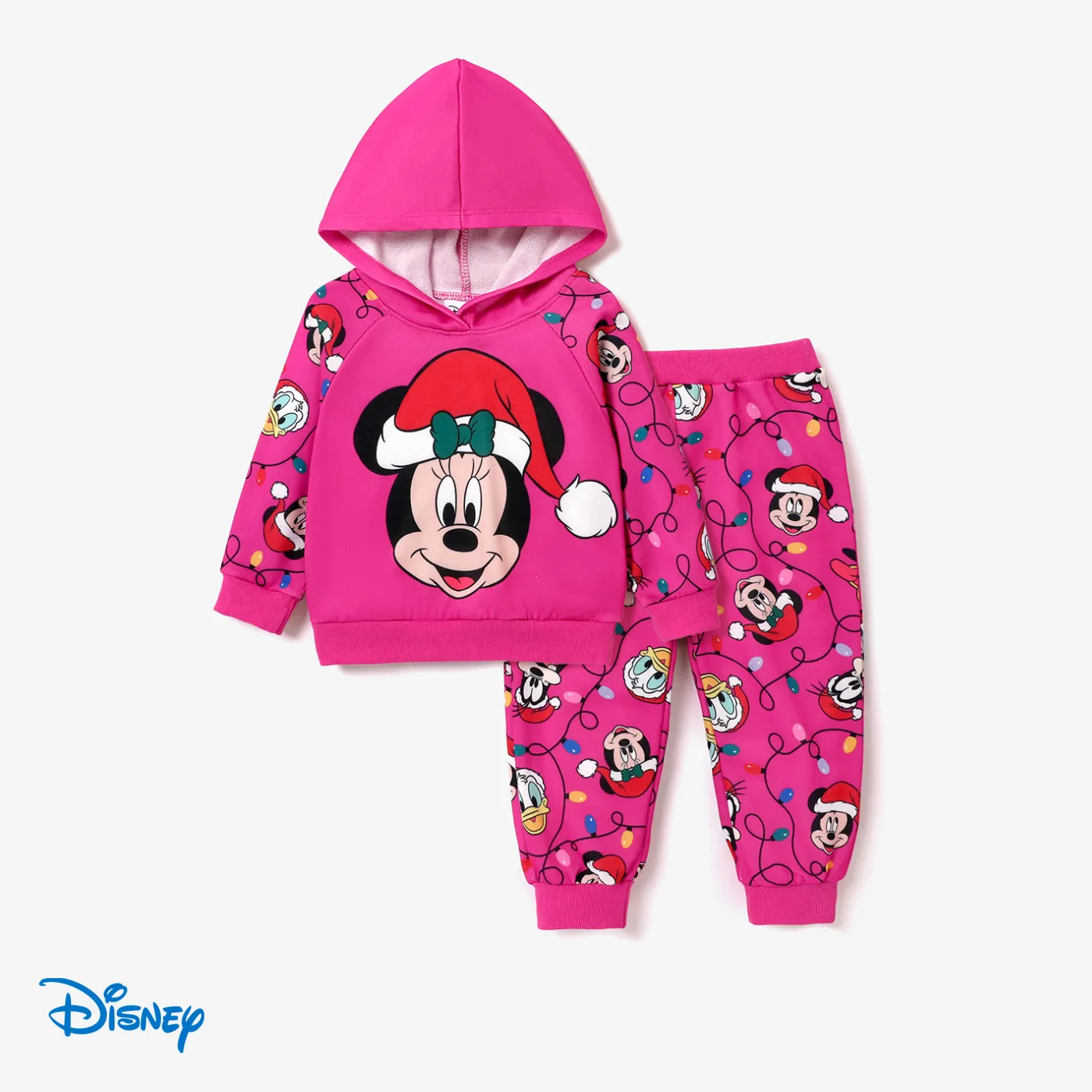 Disney Mickey and Friends Toddler Girl Christmas Character Print Hoodie and Allover Print Pants Set Hot Pink