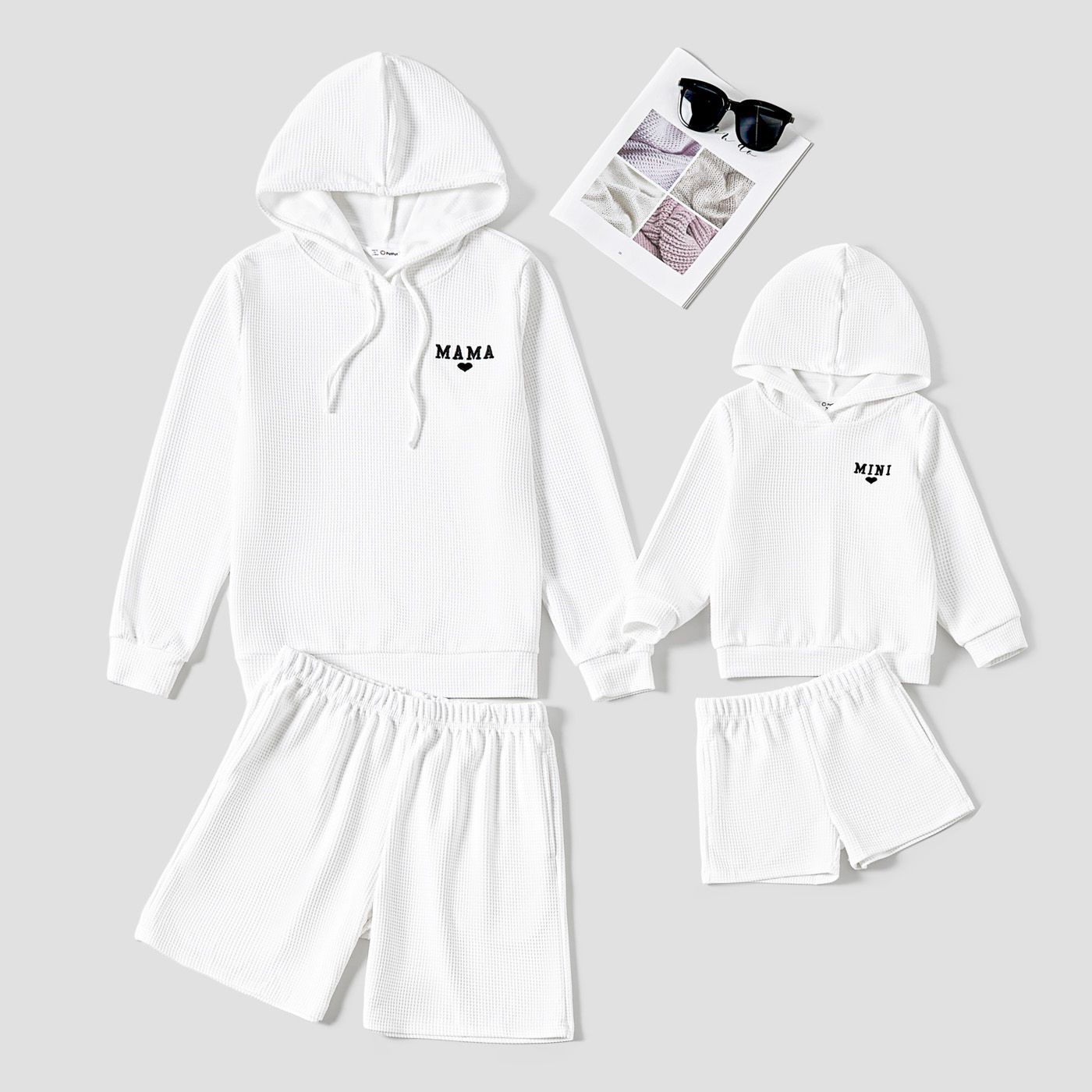 

Mommy and Me 2pcs Solid Casual Letters Print Long Sleeve Waffle Hooded Tops and Shorts Sets