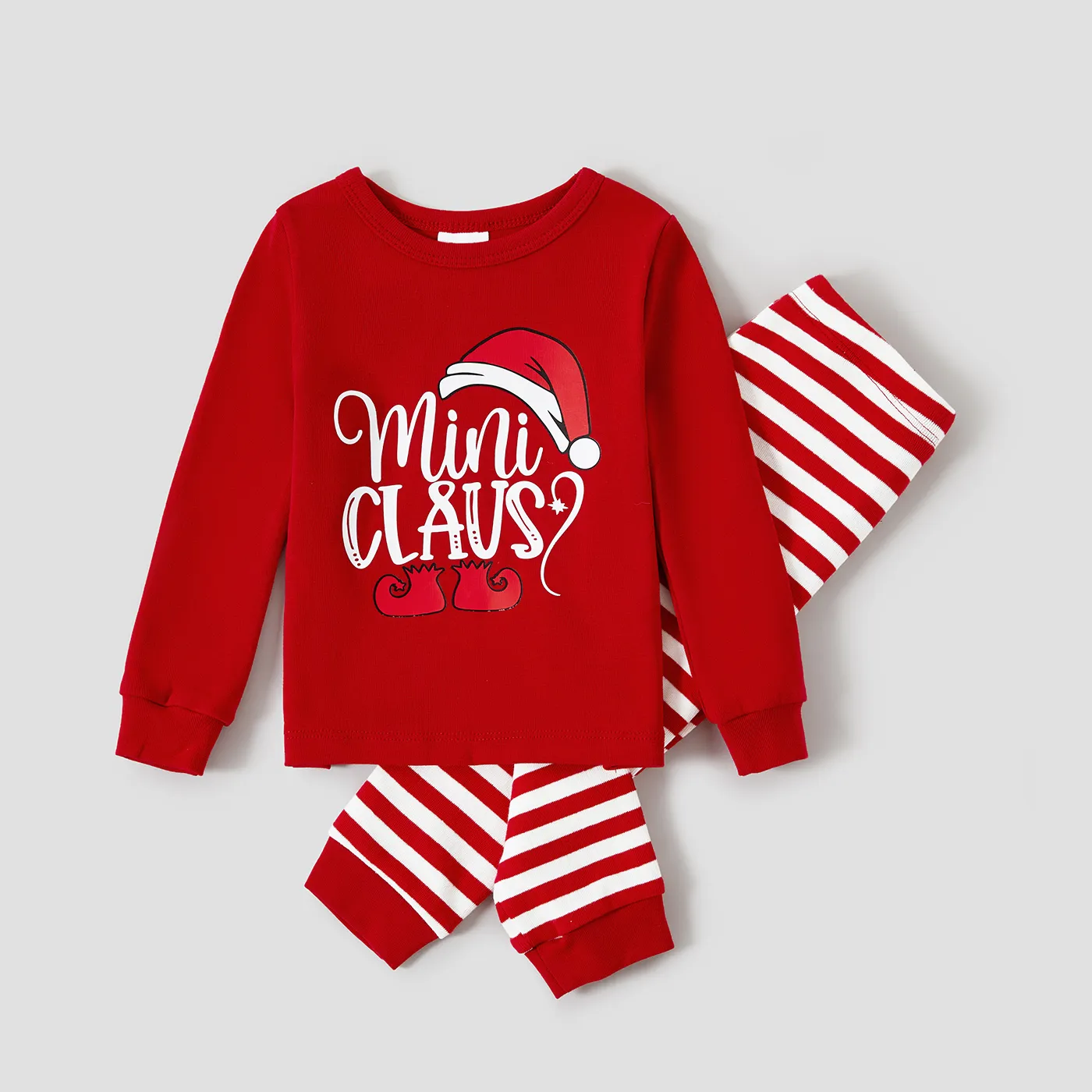 Christmas Cotton Family Matching Letter Elf Print Striped Long-sleeve Snug-fit Pajamas Sets Color block big image 1