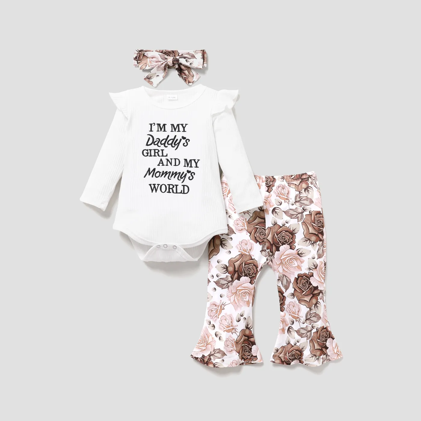 3pcs Baby Letter Embroidered Ribbed Long-sleeve Romper and Sunflower Floral Print Bell Bottom Pants Set White