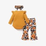 3pcs Baby Letter Embroidered Ribbed Long-sleeve Romper and Sunflower Floral Print Bell Bottom Pants Set  image 2