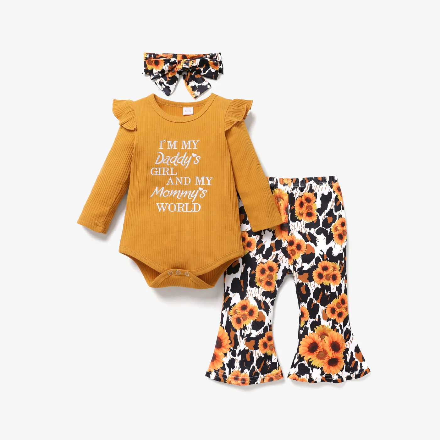 3pcs Baby Letter Embroidered Ribbed Long-sleeve Romper and Sunflower Floral Print Bell Bottom Pants Set  big image 1