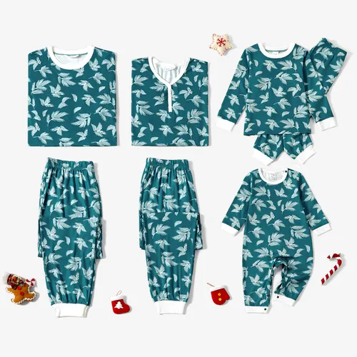 Christmas Family Matching Leaves Print Long-sleeve Pajamas Sets(Flame resistant) 