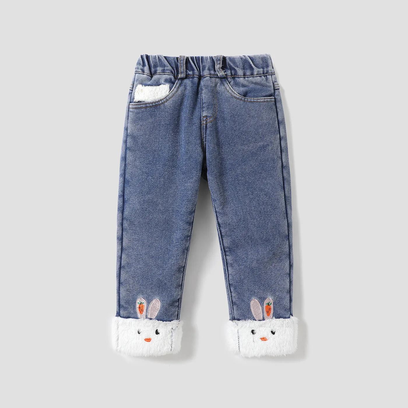 Toddler Girl Childlike Rabbit Patch Thick Denim Jeans Blue big image 1