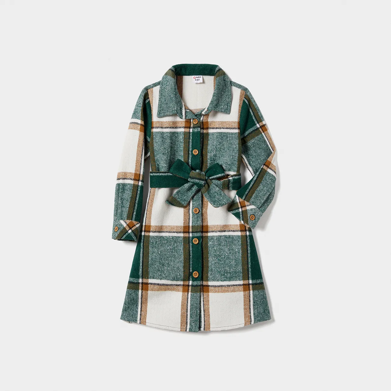 Christmas Family Matching Casual Grid/Houndstooth Long-sleeve Tops & Belted Dresses Sets Dark Green big image 1