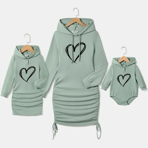 Mommy and Me Casual Love Pattern Long-sleeve Hooded Body-con Dresses
