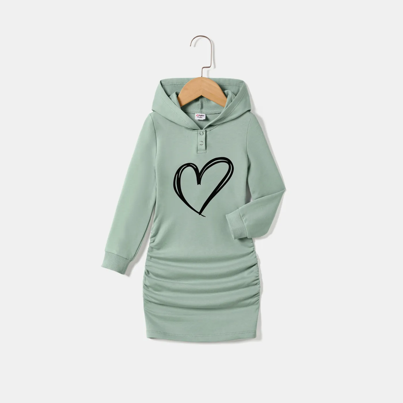 Mommy and Me Casual Love Pattern Long-sleeve Hooded Body-con Dresses Green image 6