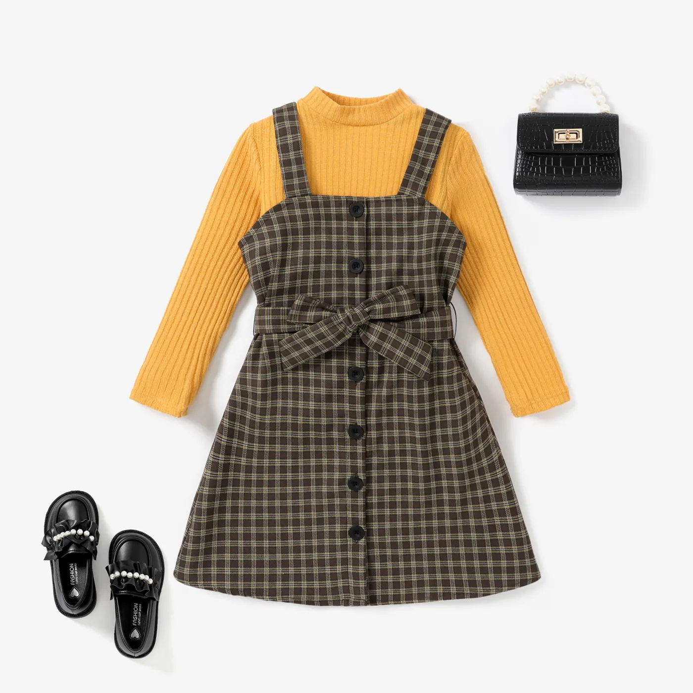 3PCS Kid Girl Secret Button Sweet Top / Grid/Houndstooth Skirt