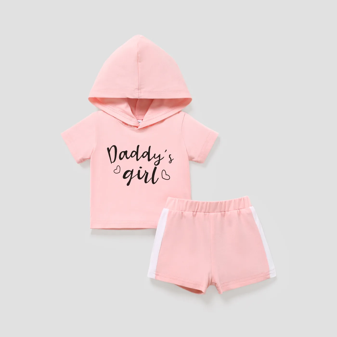 2pcs Baby Boy/Girl Letter Print Hooded Short-sleeve Top & Shorts Set Pink big image 1