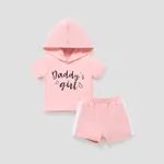 2pcs Baby Boy/Girl Letter Print Hooded Short-sleeve Top & Shorts Set Pink