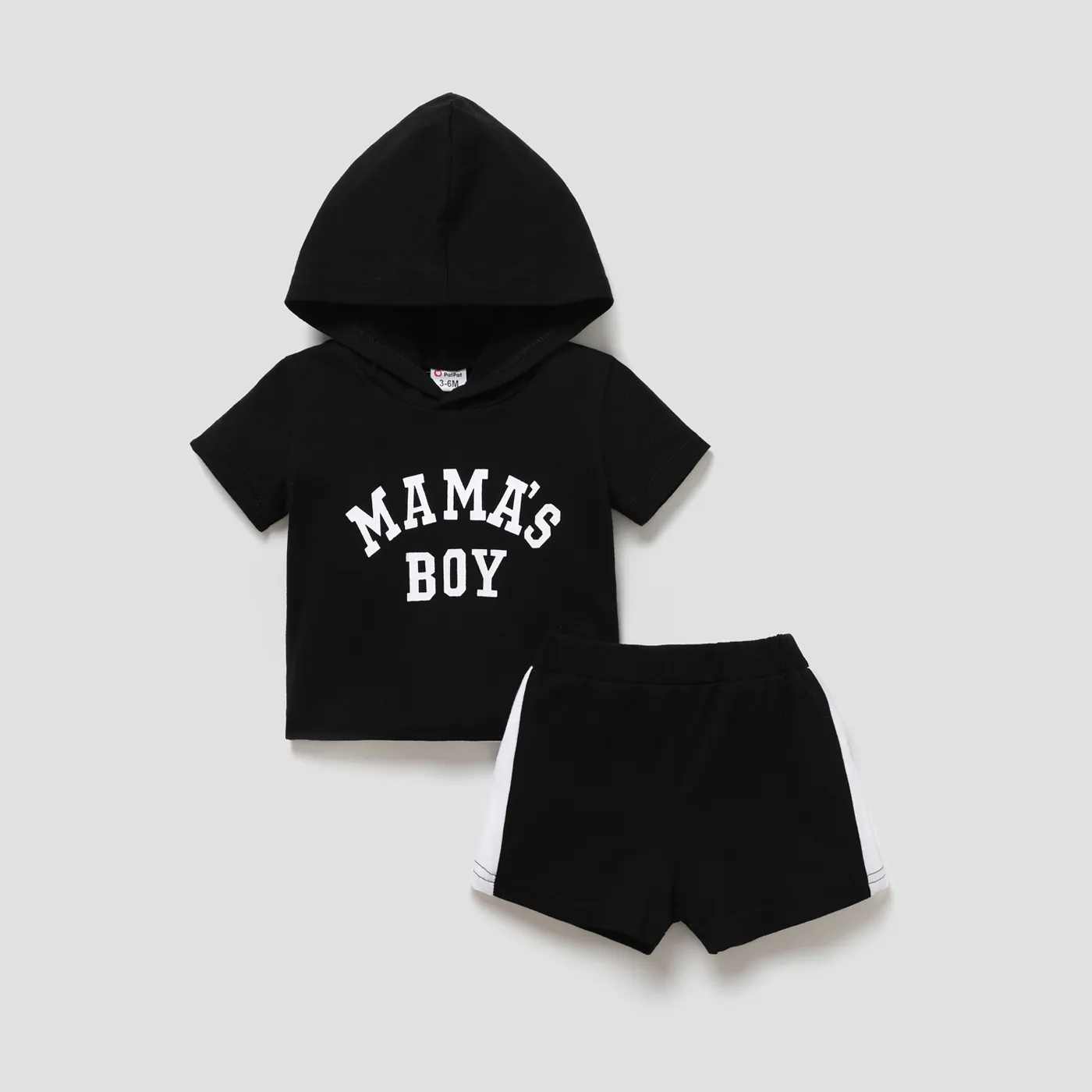 2pcs Baby Boy/Girl Letter Print Hooded Short-sleeve Top & Shorts Set Black